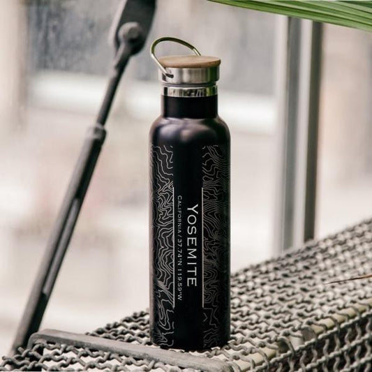 Yosemite National Park Map Bottle with Bamboo Top in Matte Black